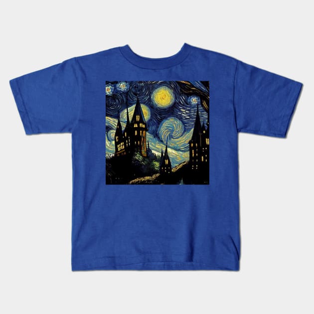 Starry Night Wizarding School Van Gogh Kids T-Shirt by Grassroots Green